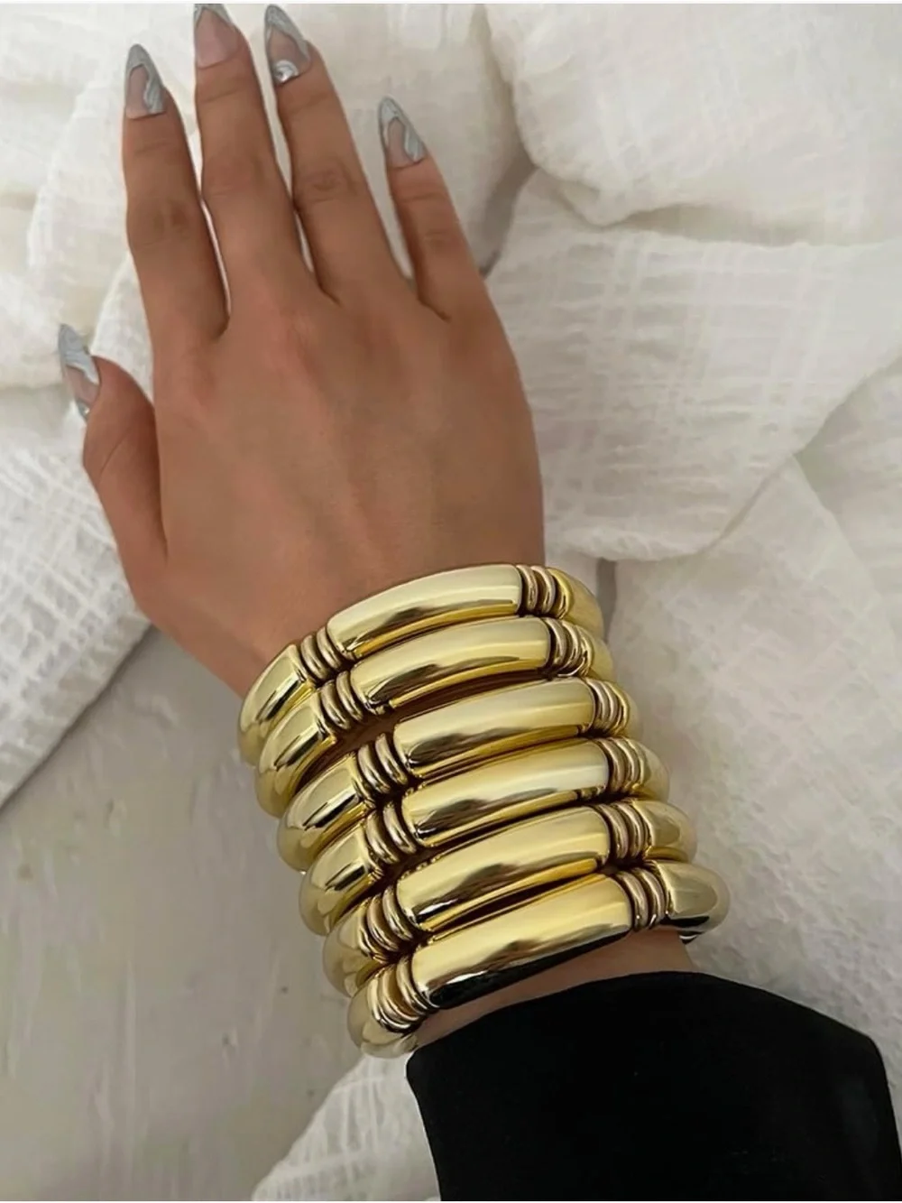 6pc Chunky Gold Tone Stacking  Bangle Bangle Set - Bamboo Style Resin Bracelets